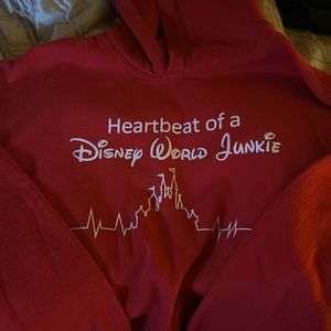 Disney-Heartbeart of a Disney World Junkie red hoodie sweatshirt.